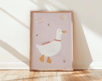 Wunderliche Gans im Raumanzug druckbare Kunst - Dumme Astronauten Gans, Verspielte Kinderzimmer Wand Kunst, Spaß Kinderzimmer Dekor, Weltraum Thema 75