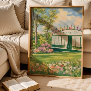 Golfing tournament poster featuring lush green landscape — instant download wall art with bright cheerful aesthetic and textured brushwork
