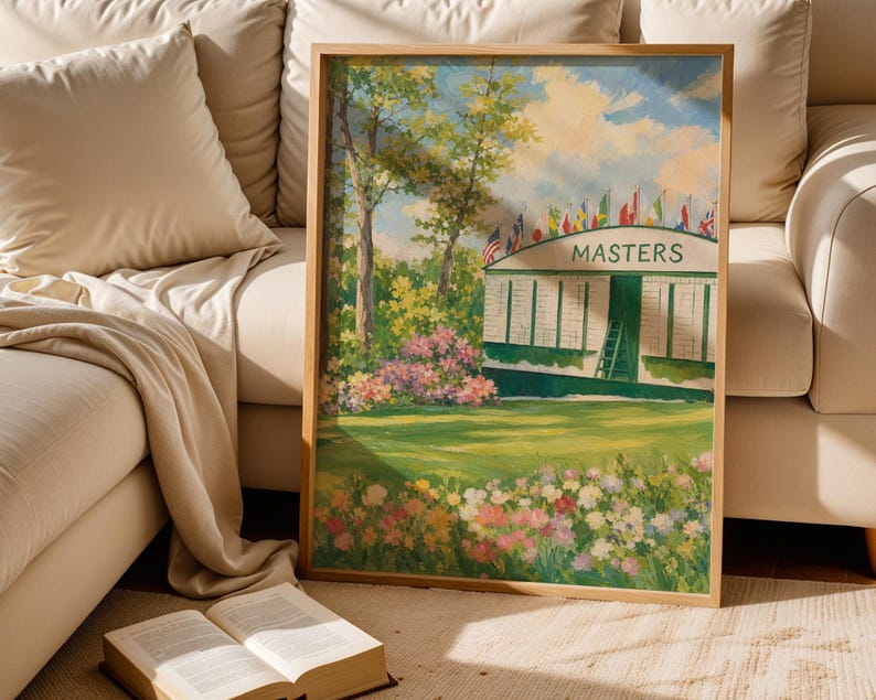 Golfing tournament poster featuring lush green landscape — instant download wall art with bright cheerful aesthetic and textured brushwork