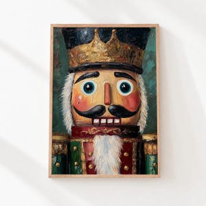 May include: An oil painting of a nutcracker figure wearing a gold crown and a black hat. The figure has a prominent black moustache, white hair, and a red and green uniform with gold accents. The background is a textured dark green colour.