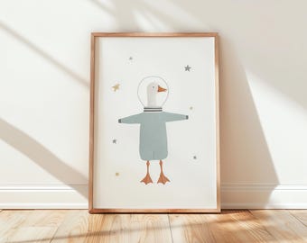 Skurrile Gans Astronaut Printable - Kinderzimmer Wandkunst, Weltraum Thema Dekor, Verspielte Gans Illustration, Kinderzimmer Digitaldruck 76