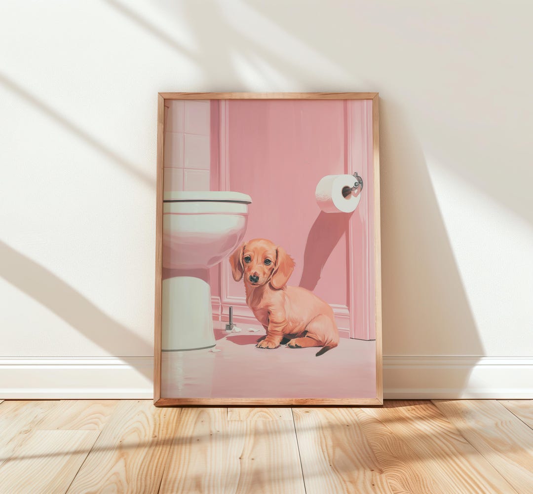 Funny Dachshund Bathroom Art Print, Pink Dog Wall Decor, Quirky Toilet ...