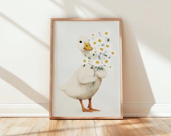 Cute Duck with Daisies Print, Baby Animal Wall Art, Neutral Nursery Decor, Farm Animal Printable Art, Country Cottage Nursery Print 570