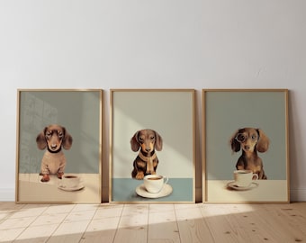 Schattige hond met koffie kunstset, worsthondafdrukken, afdrukbare wanddecoratie, leuke keukenkunst, teckel koffiekunst, vintage stijl afdrukbare items 45
