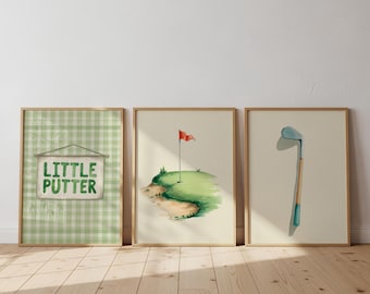 Kunstset van 3 golfthema's, Little Putter vintage golfprints, sportmuurkunst, afdrukbaar woondecor, Cottagecore Sports Art Collection 36