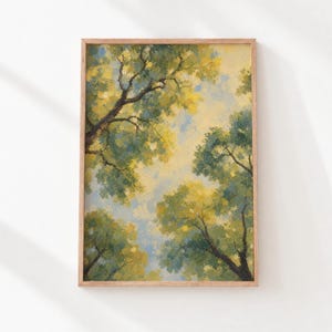 May include: A vertical rectangular wall art print featuring an impressionistic oil painting of tree canopies viewed from below. The composition displays dark green and yellow foliage against a soft, pale blue and cream sky with visible brushstrokes.