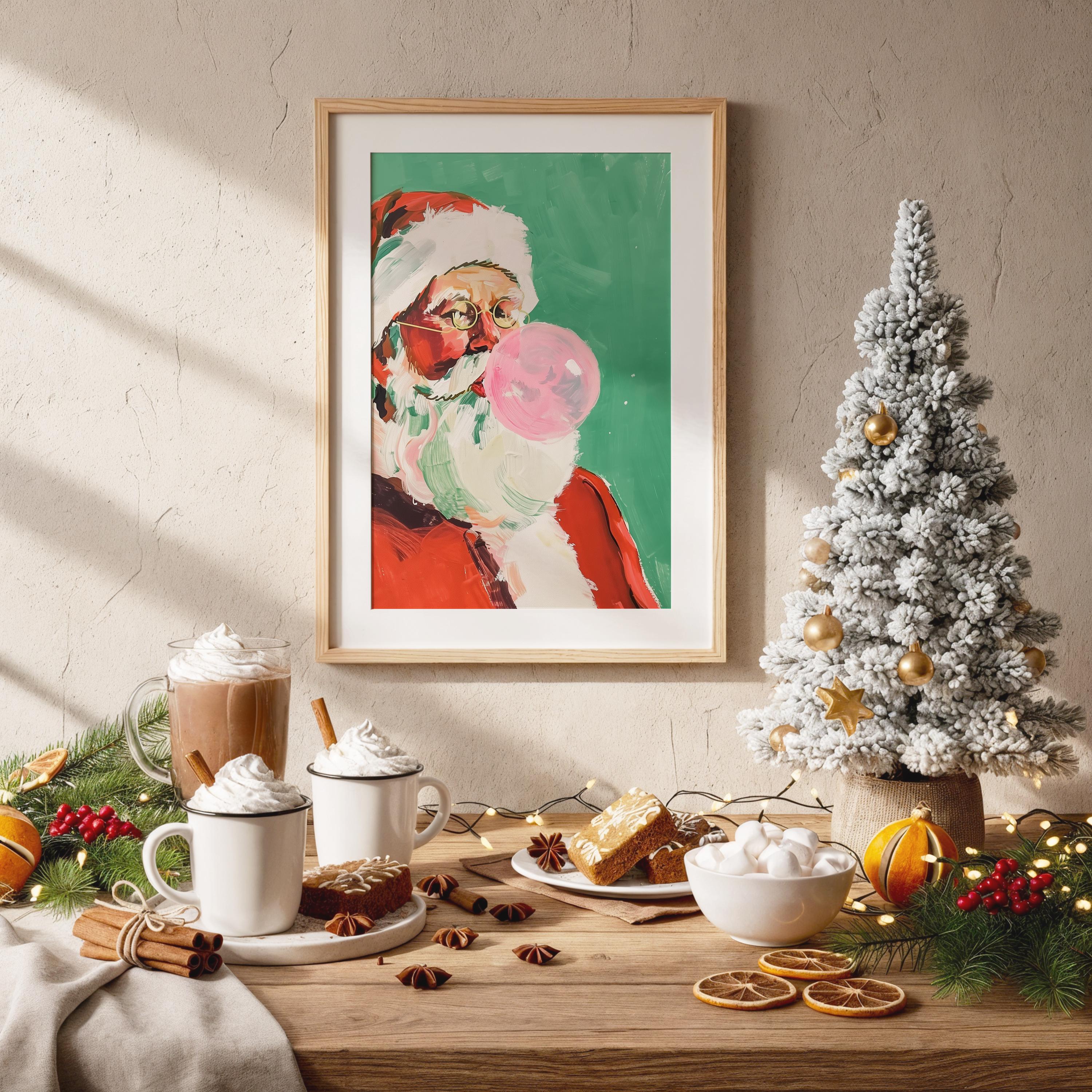 Retro Santa Blowing Bubble Gum Print, Pink Christmas Wall Art