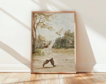 Boy Flying Paper Airplane Watercolor - Vintage Warm Neutral Wall Art, Charming Spring Scene, Printable Cottagecore Decor, Digital Print 389