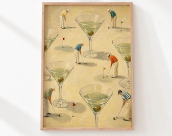 May include: A framed art print featuring a surreal scene of golfers playing on a sandy course where large martini glasses serve as holes. The golfers wear colorful shirts and hats, using clubs to hit olives into the glasses, with small flags.