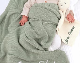 Custom Embroidered Knit Baby Blanket and Bunny Set, 100% Cotton, Baby Shower Gift