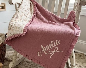 Personalized Muslin Cotton Blanket | Blush Pink Floral Baby Girl Swaddle