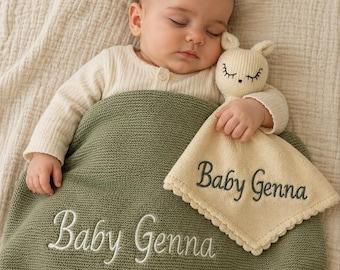 Personalized Knit Cotton Baby Blanket and Bunny Lovey Set