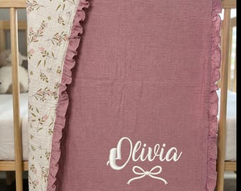 Personalized Muslin Cotton Blanket | Blush Pink Floral Baby Girl Swaddle