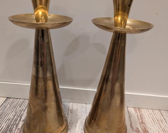 Vintage Mid Century Modern Solid Brass Candlesticks Pair 7" Tall Taper Candle Holders Hollywood Regency Danish Modern Decor