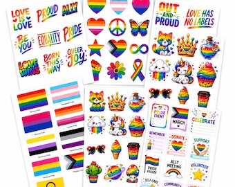 Pride Sticker Bundle Digital Download 60 LGBTQ Stickers Rainbow PNG Printable Planner