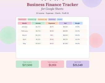 Pastel Business Finance Tracker | Google Sheets Income Expense Log (Digital Download)
