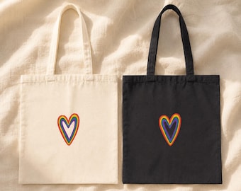 Rainbow Heart Tote Bag Cotton Canvas Everyday Bag Cute Heart Gift Unisex