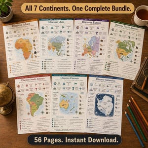 Peut inclure: Un ensemble éducatif de géographie de sept pages présentant des cartes de l'Afrique, l'Asie, l'Europe, l'Amérique du Nord, l'Amérique du Sud, l'Océanie et l'Antarctique. Chaque page inclut une carte colorée, des données statistiques, des monuments et des icônes d'animaux avec le texte All 7 Continents. One Complete Bundle. et 56 Pages. Instant Download.