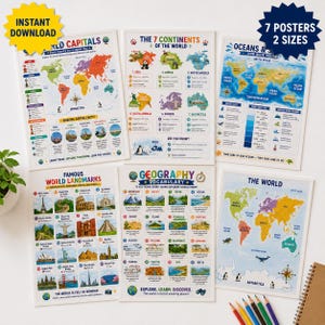 Geography Wall Art Homeschool Bundle 8 Printable Posters World Map Educational Kids Room