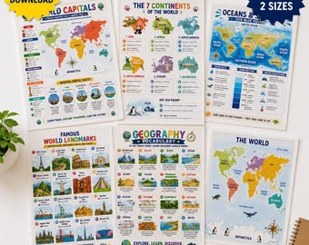 Geography Wall Art Homeschool Bundle 8 Printable Posters World Map Educational Kids Room