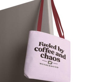 Fueled By Coffee And Chaos – Tote Bag – Motherhood, Mom Gift, Retro Style Canvas Bag