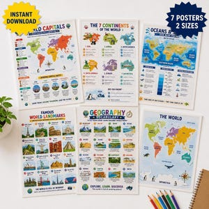 Geografi Väggkonst Hemundervisning Paket 8 Utskrivbara Posters Världskarta Pedagogiskt Barnrum