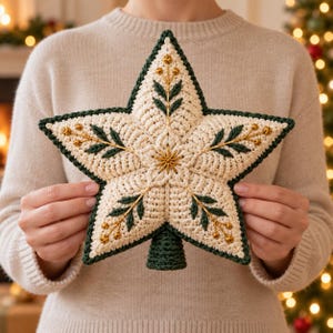 Peut inclure: Une décoration en forme d'étoile à cinq branches en fil crème avec une bordure vert foncé. L'étoile présente des motifs de feuilles vert foncé brodés et des accents de fil métallique doré, avec une petite base cylindrique vert foncé.