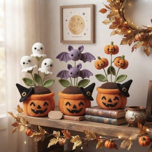 Könnte beinhalten: Drei gehäkelte Halloween-Topfpflanzen mit lächelnden weißen Geistern, violetten Fledermäusen und orangefarbenen Kürbissen. Jede Pflanze steht in einem gehäkelten orangefarbenen Kürbistopf mit einem kleinen schwarzen Hexenhut an der Seite.