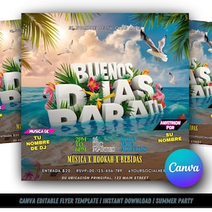 May include: A flyer design with a beach theme, featuring the text "Buenos Dias Bar". The design includes palm trees, seagulls, and flamingo decorations. The flyer promotes music, hookah, and drinks.