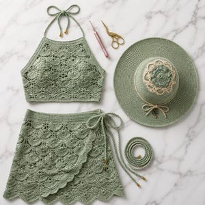 Peut inclure: Un ensemble au crochet vert sauge composé d'un haut dos nu à nouer, d'une jupe portefeuille à bords festonnés et d'un chapeau à larges bords avec un détail en dentelle crème. Un crochet rose et des ciseaux à broder dorés sont placés à côté.