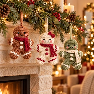May include: Three crocheted gingerbread-style ornaments hanging from a pine branch. The left is brown with a red scarf, the centre is cream with a red scarf and bow, and the right is green with a white scarf. Each has pink cheeks and white trim.