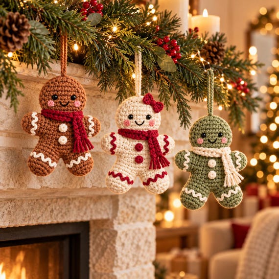 Gingerbread Crochet Ornament Pattern, Christmas Amigurumi, Scarf and Bow, 3 Colorways PDF