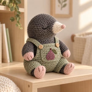 May include: A dark gray crocheted mole plush toy with a cream-colored snout and pink paws. The mole wears sage green crocheted overalls featuring two small wooden buttons at the straps and a purple fig appliqué with a green leaf on the front pocket.