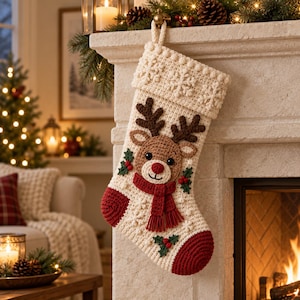 May include: A cream-coloured crocheted Christmas stocking featuring a central reindeer appliqué with brown antlers, a red nose, and a red scarf. The stocking includes red toe and heel sections, green holly leaf accents, and a snowflake-patterned cuff.