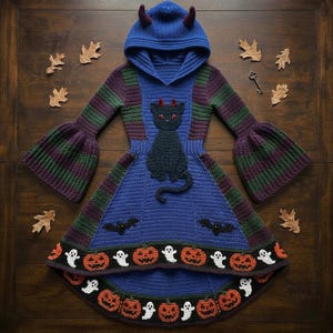 May include: A blue hooded crochet dress featuring long bell sleeves with green and purple stripes. The front displays a black cat appliqué with red horns, two small black bats, and a bottom border of orange pumpkins and white ghosts.