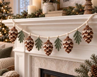 May include: A crocheted garland featuring alternating brown and cream pinecones and green leaves suspended from a thick cream-colored rope. The decorative garland is draped across the front edge of a white fireplace mantel.