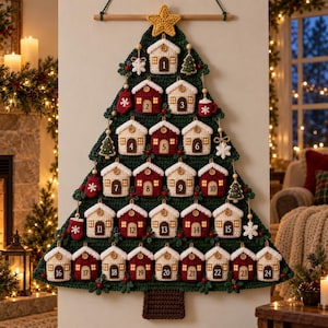 May include: A large, dark green crocheted Christmas tree wall hanging featuring twenty-four small, numbered house-shaped pockets in red and cream. The tree is topped with a yellow star and decorated with crocheted snowflakes, mittens, and mini trees.