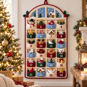 Könnte beinhalten: Ein gehäkelter Adventskalender zum Aufhängen mit einem cremefarbenen Gitter aus vierundzwanzig nummerierten Taschen. Jede Tasche enthält ein einzigartiges gehäkeltes Weihnachtsmotiv, darunter einen Schneemann, einen Lebkuchenmann und ein Rentier.