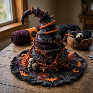 Virkmönster för krokig häxhatt, Halloween-bordsdekoration, gotisk dekor (PDF-nedladdning)