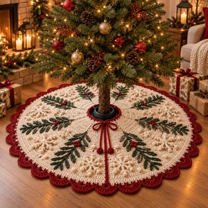 May include: A round, cream-colored crocheted Christmas tree skirt featuring a scalloped dark red border. The design includes alternating dark green pine branch motifs with red berries and textured white snowflake patterns, tied with red cords.