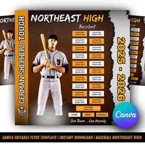 Op de afbeelding: Een honkbal flyer met een speler met een knuppel, de tekst "Northeast High Baseball" en een schema voor het seizoen 2025-2026. De flyer heeft een bruin en oranje kleurenschema met de tekst "German Shepherd Tough".
