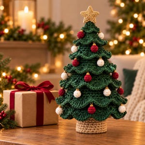 May include: A crocheted dark green Christmas tree with ruffled branches, decorated with small red and white crocheted ornaments and a gold crocheted star on top. The tree stands on a tan crocheted base next to a brown gift box with a red ribbon.