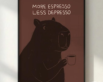 Arte murale con capibara Più espresso Meno espresso Poster caffè Stampa retrò Espresso Decorazione bar Poster cucina Stampabile Download digitale