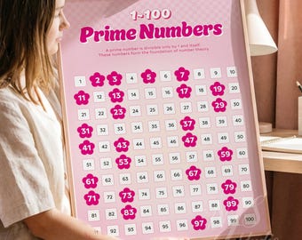 Poster stampabile con numeri primi rosa / Arte murale per l'apprendimento della matematica femminile / Decorazione per la classe femminile / DIGITALE