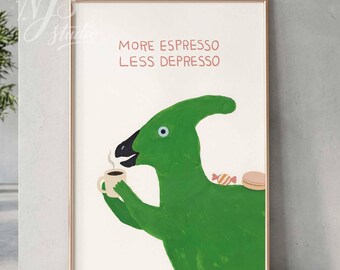 Divertente stampa murale con dinosauri / Decorazione per angolo caffè / Elemento decorativo per la cucina che mette di buon umore, grafica ispiratrice sul caffè (digitale)