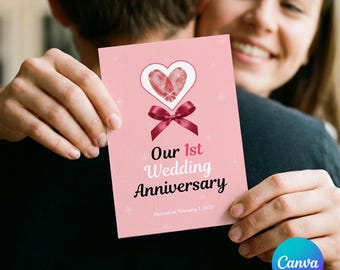 Biglietto d'auguri per anniversario di matrimonio modificabile stampabile / Regalo di coppia personalizzato / Cuore con impronta digitale / Modello Canva