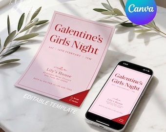 Set di inviti per la serata tra ragazze di Galentine's Day — Modello Canva modificabile, invito stampabile e per dispositivi mobili