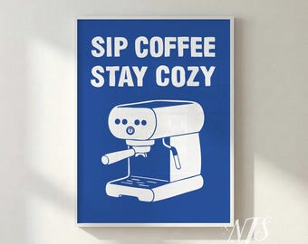 Stampa Blue Coffee Bar / Poster retrò con macchina per caffè espresso (download digitale)