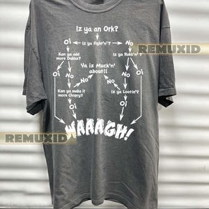 Maglietta con diagramma di flusso degli Orchi Waagh, maglietta divertente con albero decisionale, maglietta con diagramma di flusso decisionale degli Orchi Waagh, maglietta umoristica per giocatori, grafica unisex RX216