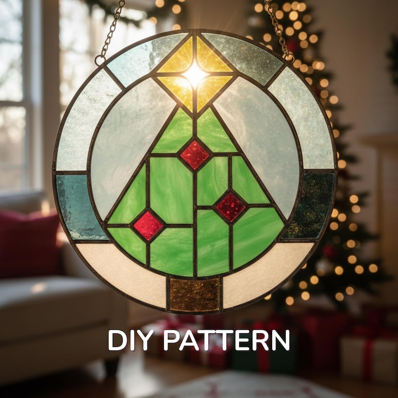 Christmas Tree Stained Glass Pattern | Holiday Round Suncatcher | DIY ...